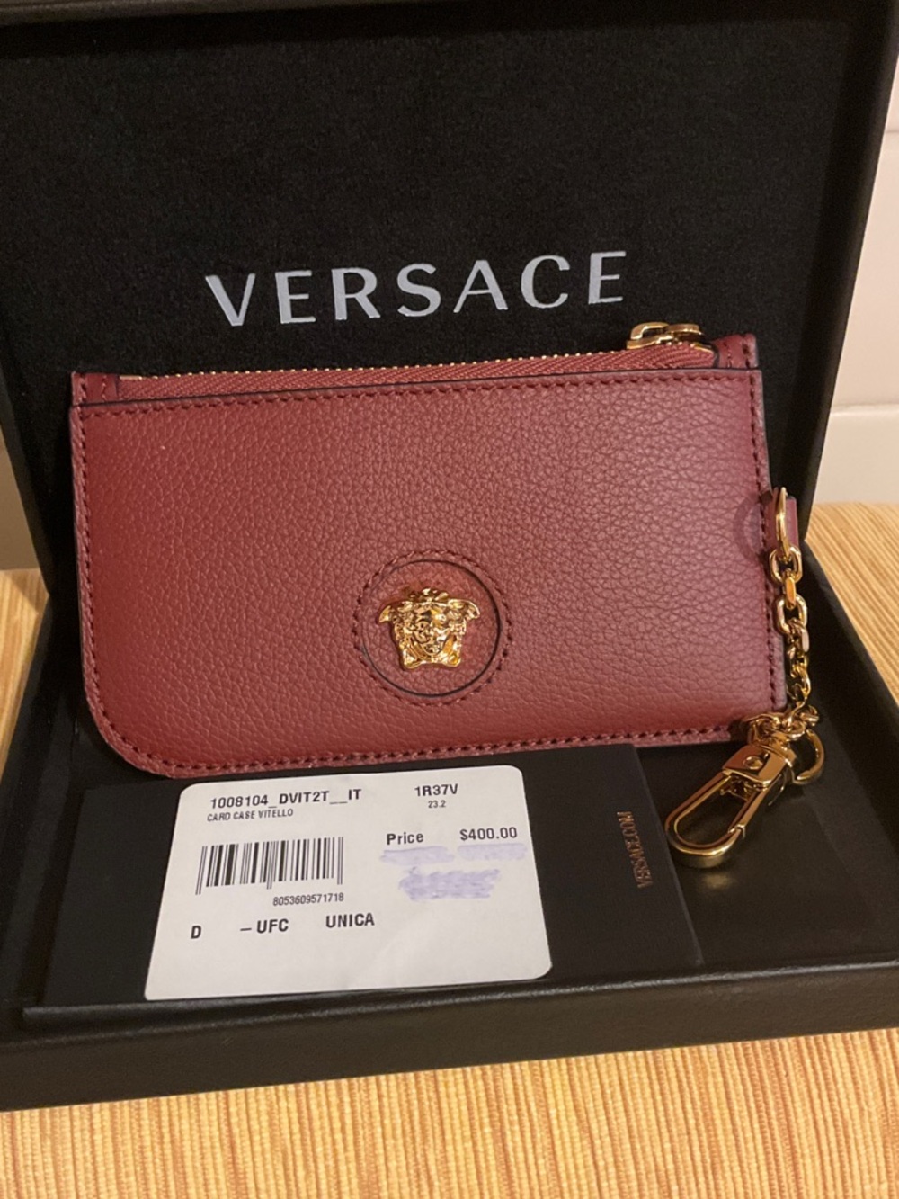 Versace Burgundy Leather Card & Key Pouch with Gold Medusa Charm